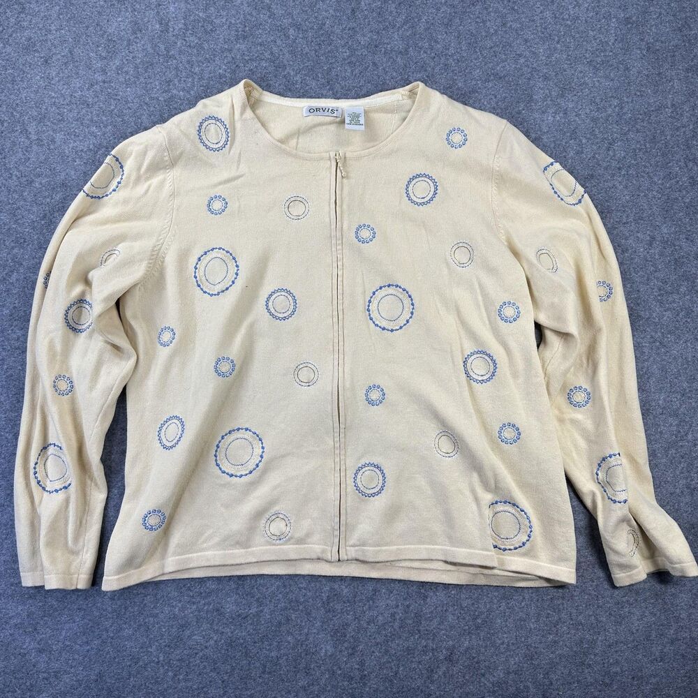 VTG Orvis Sweater Womens XL Beige Zip Front Embroidered Circles Knit Cardigan